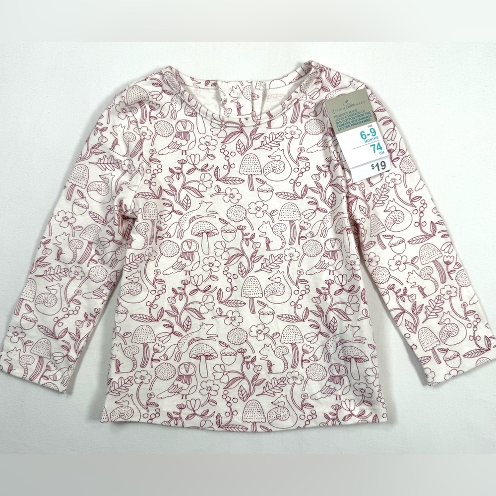 NWT PRIMARK Girls Woodland Print Long Sleeve Top 6-9M Forest Animals Granola NEW